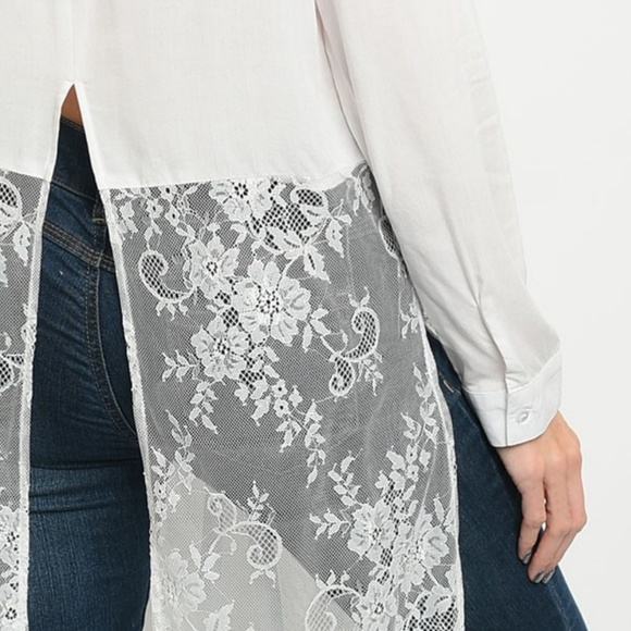 Ivory Tunic Lace Trim Button Down Shirt - Picture 6 of 7